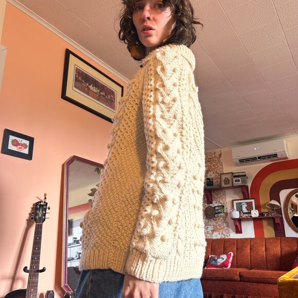 1990s handmade vintage button up wool fishermans aran cardigan! - Picture 6 of 16